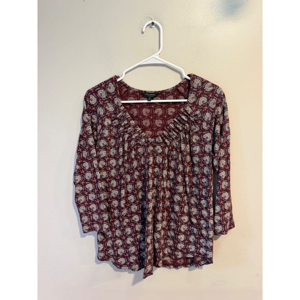 Lucky Brand Womens Burgundy Floral Block Print Pleated V-Neck Top Size M